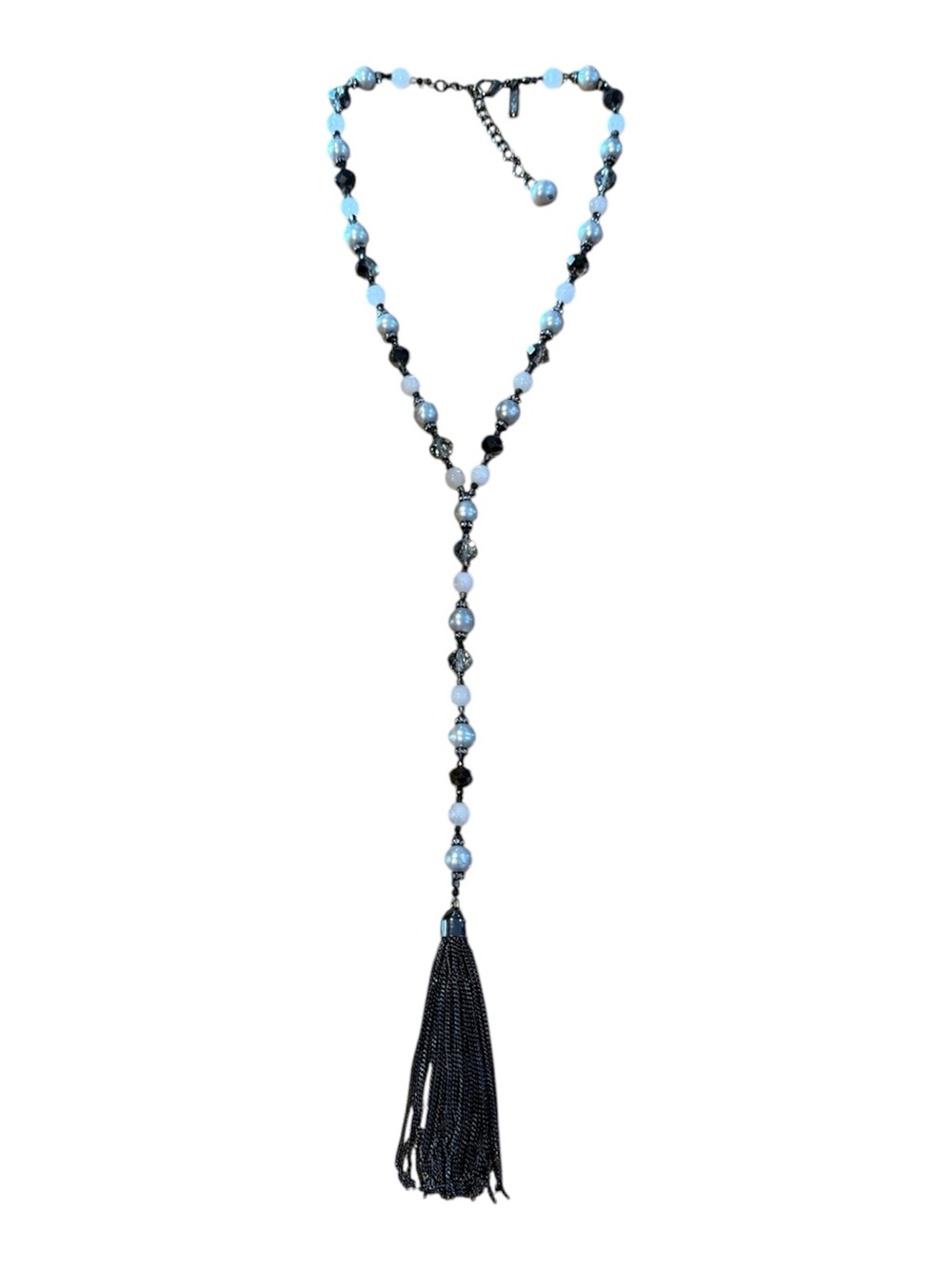 White House Black Market Faux Pearl Tassel Necklace Gunmetal Long Beaded